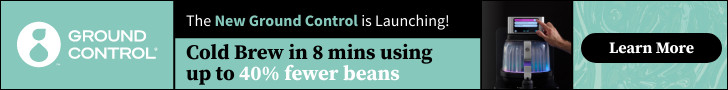 banner advertising new ground control cold brew in 8 mins using up to 40% fewer beans learn more